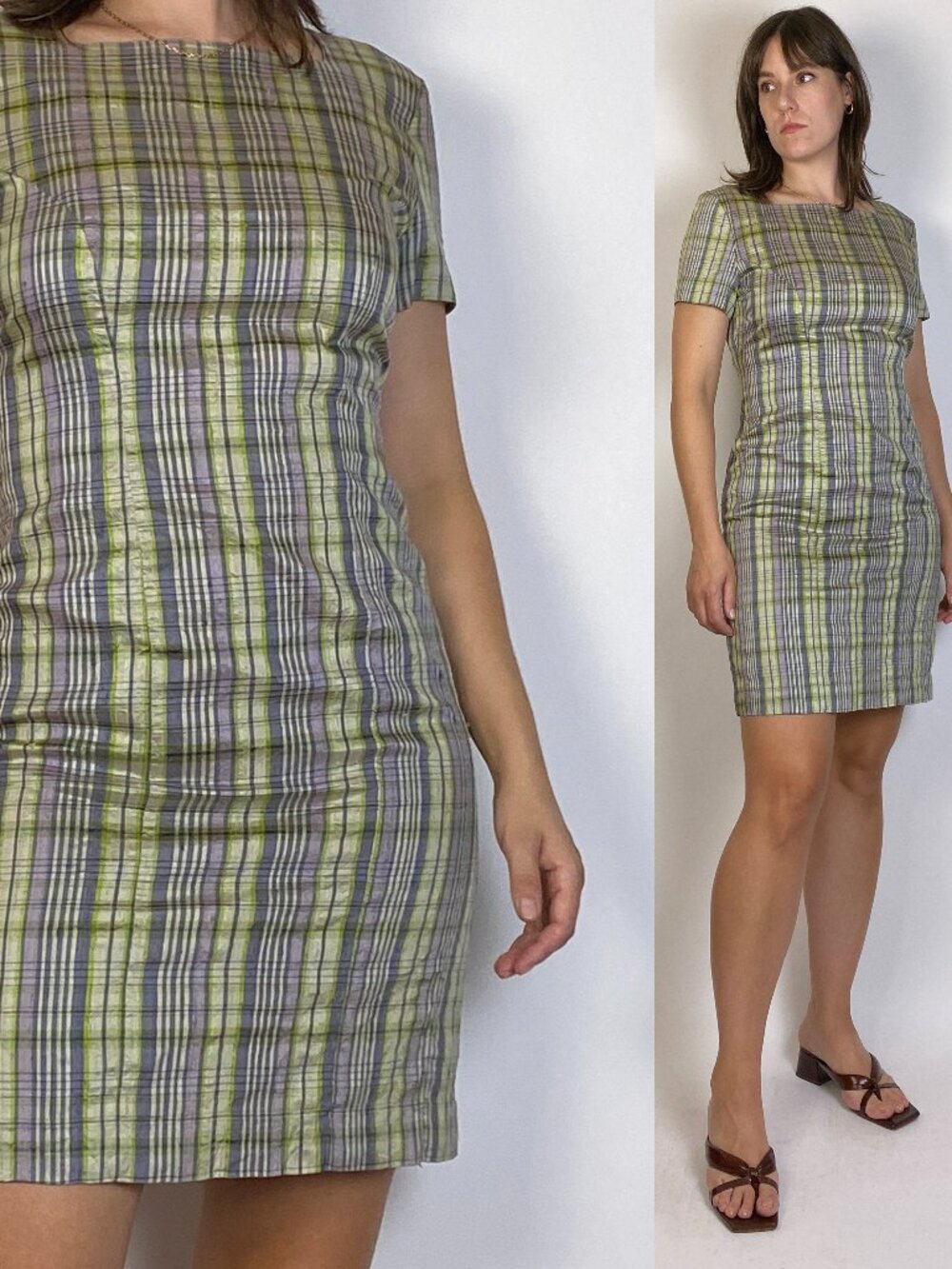 Vintage 90s RETRO Shantung SILK PLAID Mini Dress! Medium